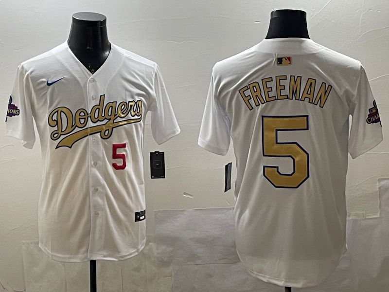 Men Los Angeles Dodgers 5 Freeman White Champion gold character 2025 Nike MLB Jersey style 3316